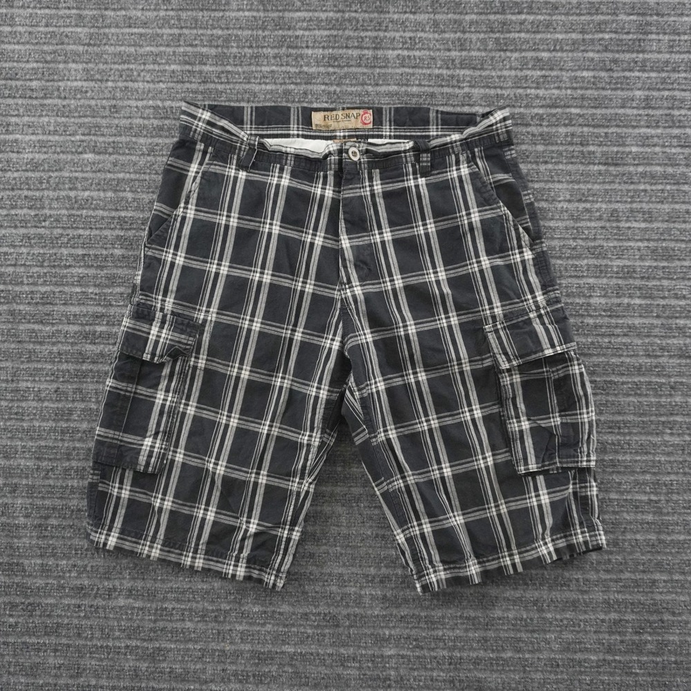 Red Snap Cargo Shorts Mens 32 Black White Plaid Cotton Utility Casual